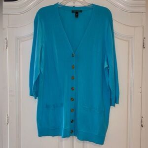 Lauren Ralph Lauren Turquoise V-Neck Button Cardigan Sweater